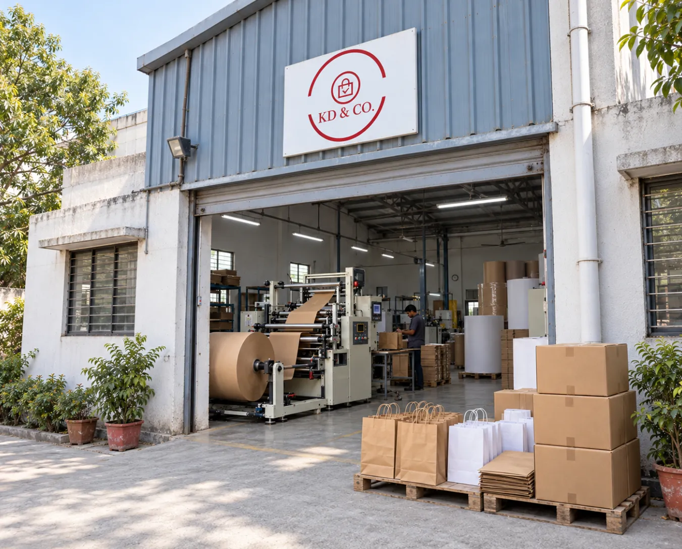 KD & Co. paper bag manufacturing unit with kraft paper reel machine and finished bags